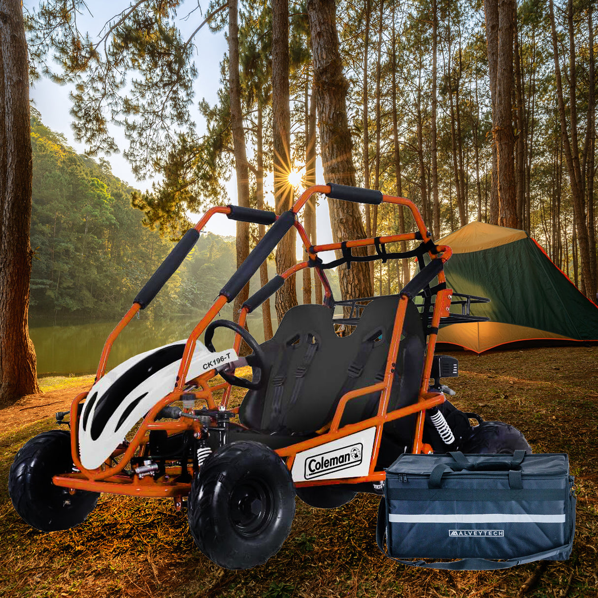 Rear Cargo Rack Insulated Bag for the Coleman KT196 Go-Kart, placed on a go-kart in a forest setting, showcasing its sturdy ripstop nylon construction, reflective safety tape, and ample storage capacity.