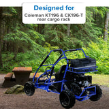 Rear Cargo Rack Insulated Bag for the Coleman KT196 Go-Kart, shown mounted on a blue go-kart in a forest. The black bag features a spacious compartment, sturdy zippers, and reflective safety tape.