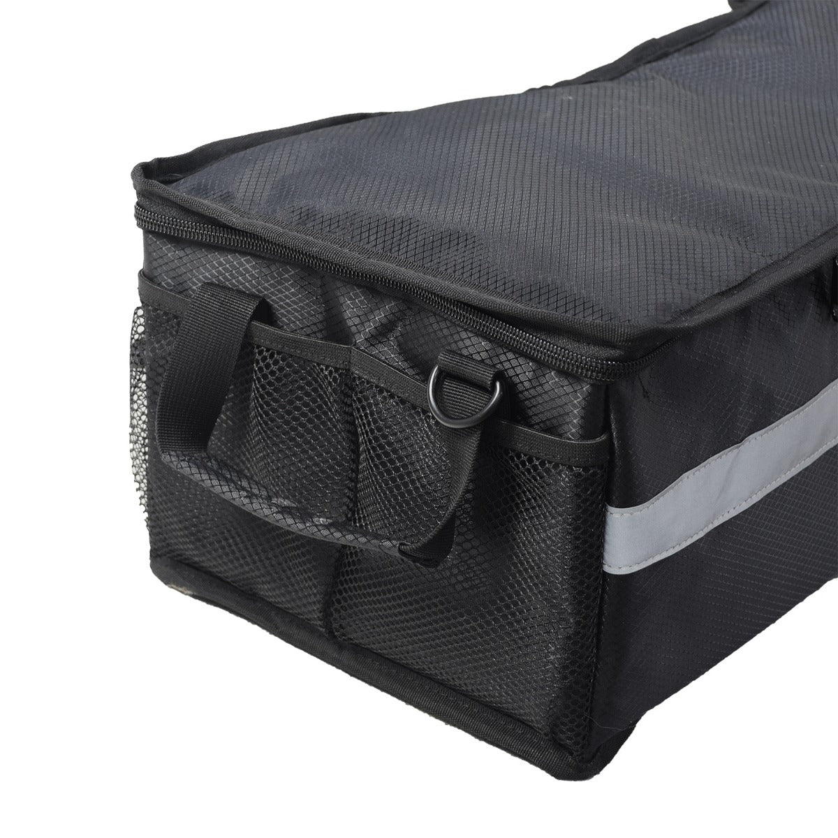 Insulated Cargo Bag for the Coleman AT125-EX ATV, black with a grey stripe, features durable ripstop nylon, web mesh, steel zippers, and reflective tape, designed for secure attachment to ATV cargo racks.