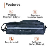 Insulated Cargo Bag for the Coleman AT125-EX ATV featuring black nylon fabric with white text, a carrying strap, multiple fastening straps, and reflective safety tape for visibility.