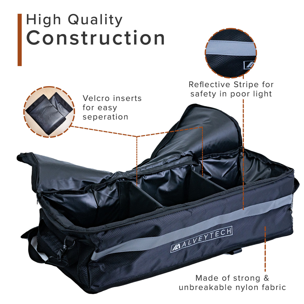 Insulated Cargo Bag for the Coleman AT125-EX ATV featuring black ripstop nylon, a grey stripe, steel zippers, and webbing straps, designed for secure attachment and reflective tape for visibility.