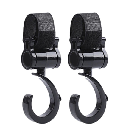 Swivel Hook Attachment for Wheelchairs, Walkers, & Rollators (Set of 2) – Pair of black plastic hooks with hook & loop straps for easy mounting, featuring 360-degree horizontal and 180-degree vertical rotation.