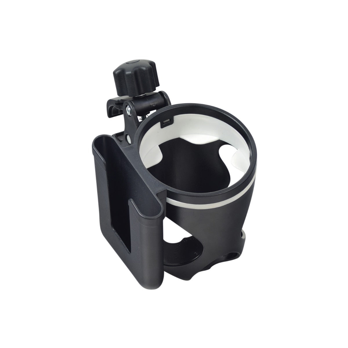 Cup & Phone Combo Holder for Bikes & Scooters, featuring a sturdy black handle and a versatile mount, designed to securely hold a cup and phone on various bike or scooter parts.