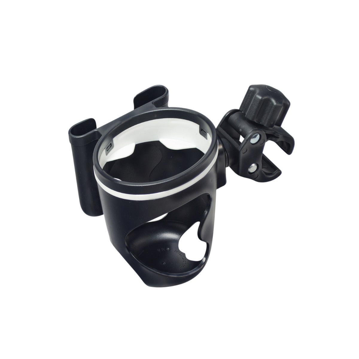 Cup & Phone Combo Holder for Bikes & Scooters showing a black plastic clamp with a white strip, designed to mount variously on handlebars or tubes, combining drink and phone holding functions.