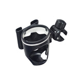 Cup & Phone Combo Holder for Bikes & Scooters showing a black plastic clamp with a white strip, designed to mount variously on handlebars or tubes, combining drink and phone holding functions.