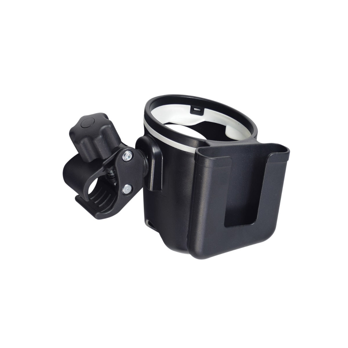 Cup & Phone Combo Holder for Bikes & Scooters featuring a black ABS plastic design with a clamp for versatile mounting and integrated spaces for holding a cup and a phone.