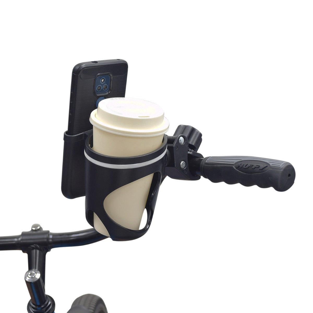 Cup & Phone Combo Holder for Bikes & Scooters securely mounted on a bike handlebar, holding a lidded cup and offering space for a smartphone.