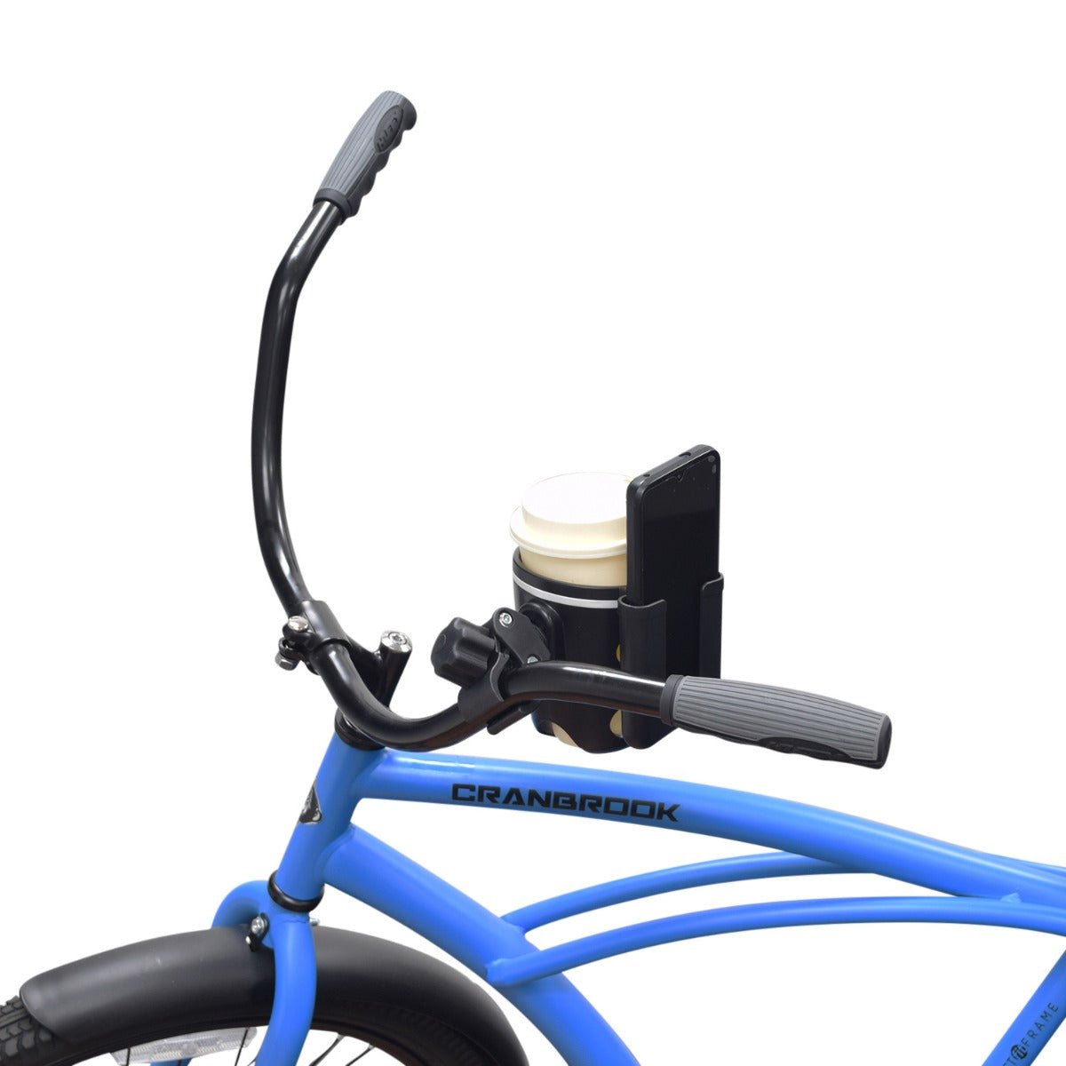 Cup & Phone Combo Holder for Bikes & Scooters shown mounted on blue bicycle handlebar, holding a coffee cup. The accessory combines a drink holder and phone holder into one practical unit.