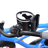 Cup & Phone Combo Holder for Bikes & Scooters, mounted on a blue bicycle handlebar, with a black cup holder featuring a white rim.