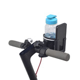 Cup & Phone Combo Holder for Bikes & Scooters mounted on a handlebar, holding a blue water bottle and a phone, demonstrating its dual functionality for hydration and mobile device storage.