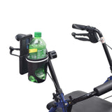 Cup & Phone Combo Holder for Bikes & Scooters attached to a bicycle handlebar, securely holding a green bottle and a smartphone side by side.