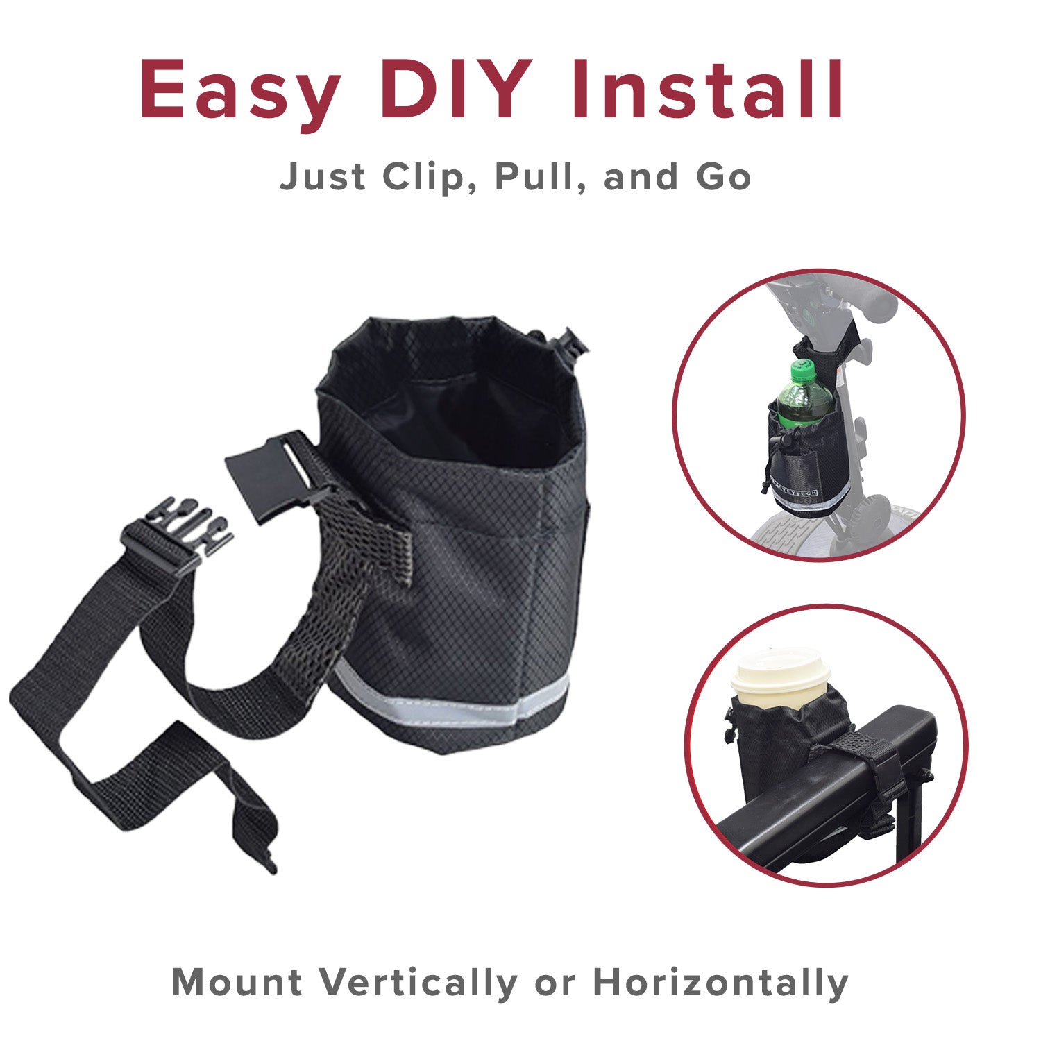 Unbreakable Universal Cup Holder for Mobility Scooters, Power Chairs, & Wheelchairs, shown with a black bag featuring a white stripe, mesh pocket, and securely holding a bottle and cup.