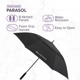 Wind Resistant Vented Golf Umbrella with an 8-panel design and a soft foam hand grip, featuring visible instructions and logos, including a crown and water drops.