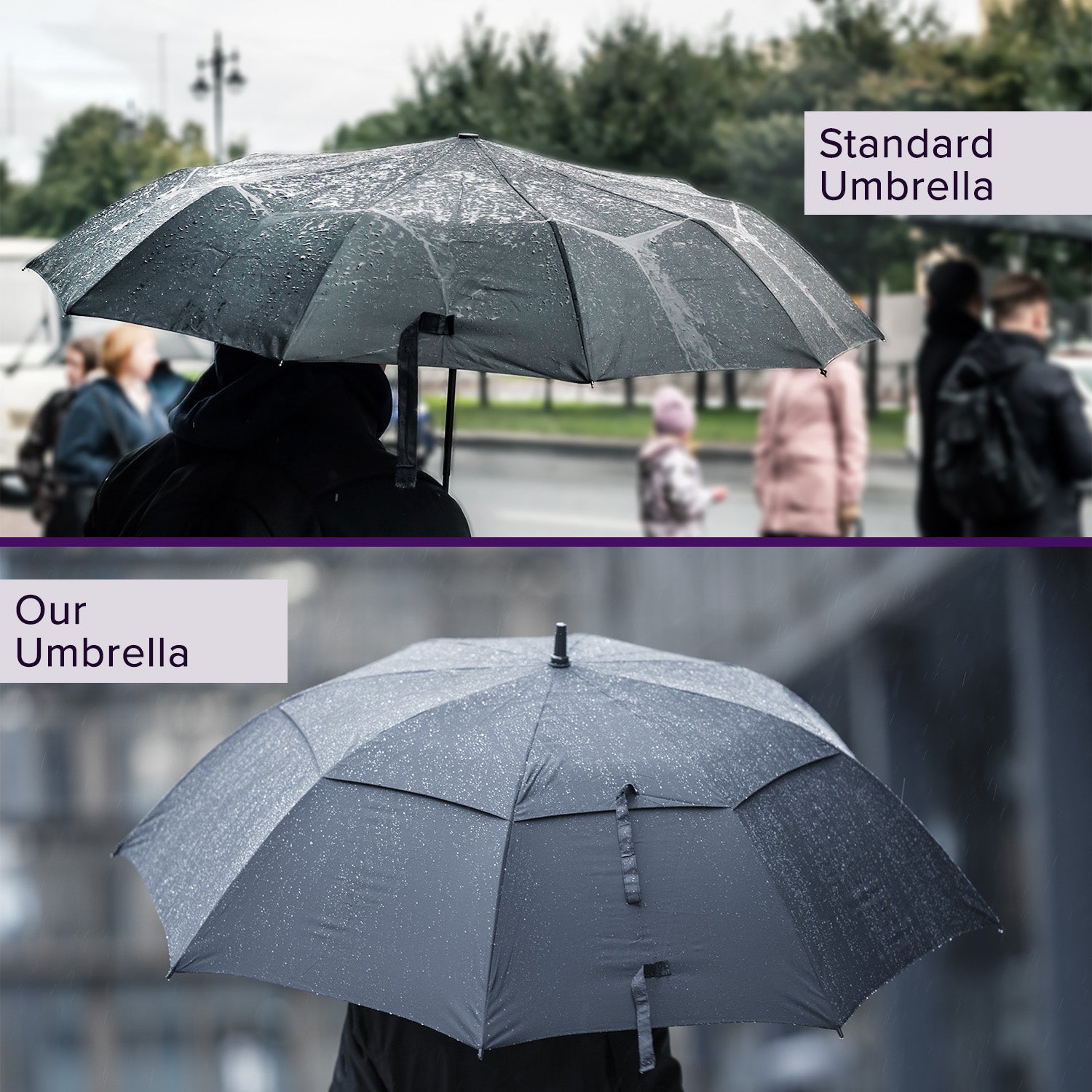 Person holding the Wind Resistant Vented Golf Umbrella with an 8-panel design, showcasing its sturdy frame and vents that allow wind to pass through, ensuring durability in rainy outdoor conditions.