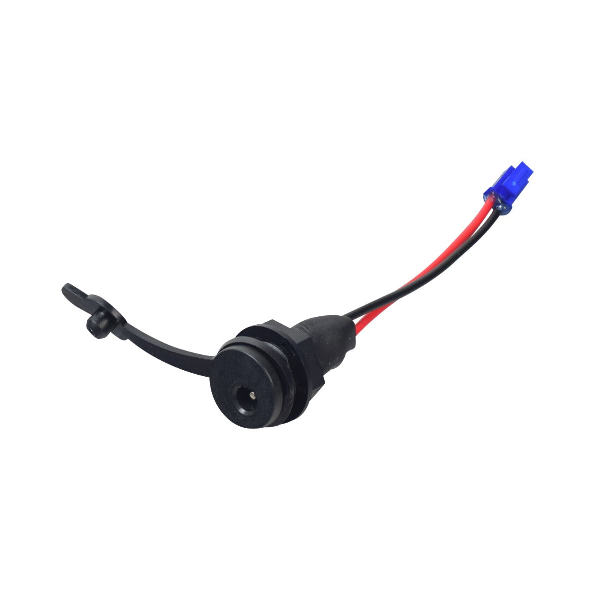 Charger Port for Razor Electric Party Pop & Electric Tekno Scooters, featuring a close-up of the black and red cable with a blue and red wire, and the specialized mini coaxial connector.