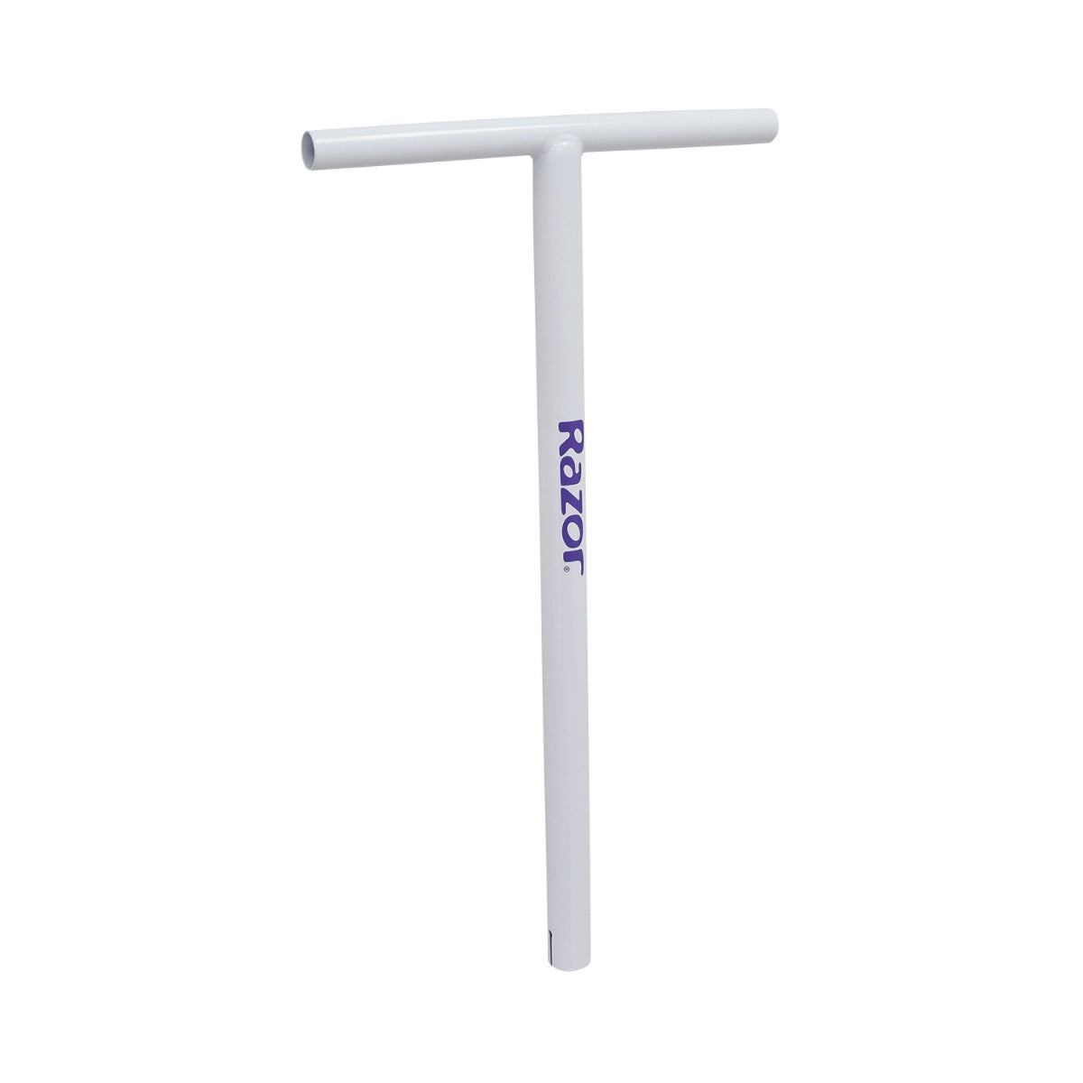 Handlebar for the Razor Electric Party Pop Scooter, featuring a white T-bar design with prominent purple lettering, ideal for enhancing control and performance.