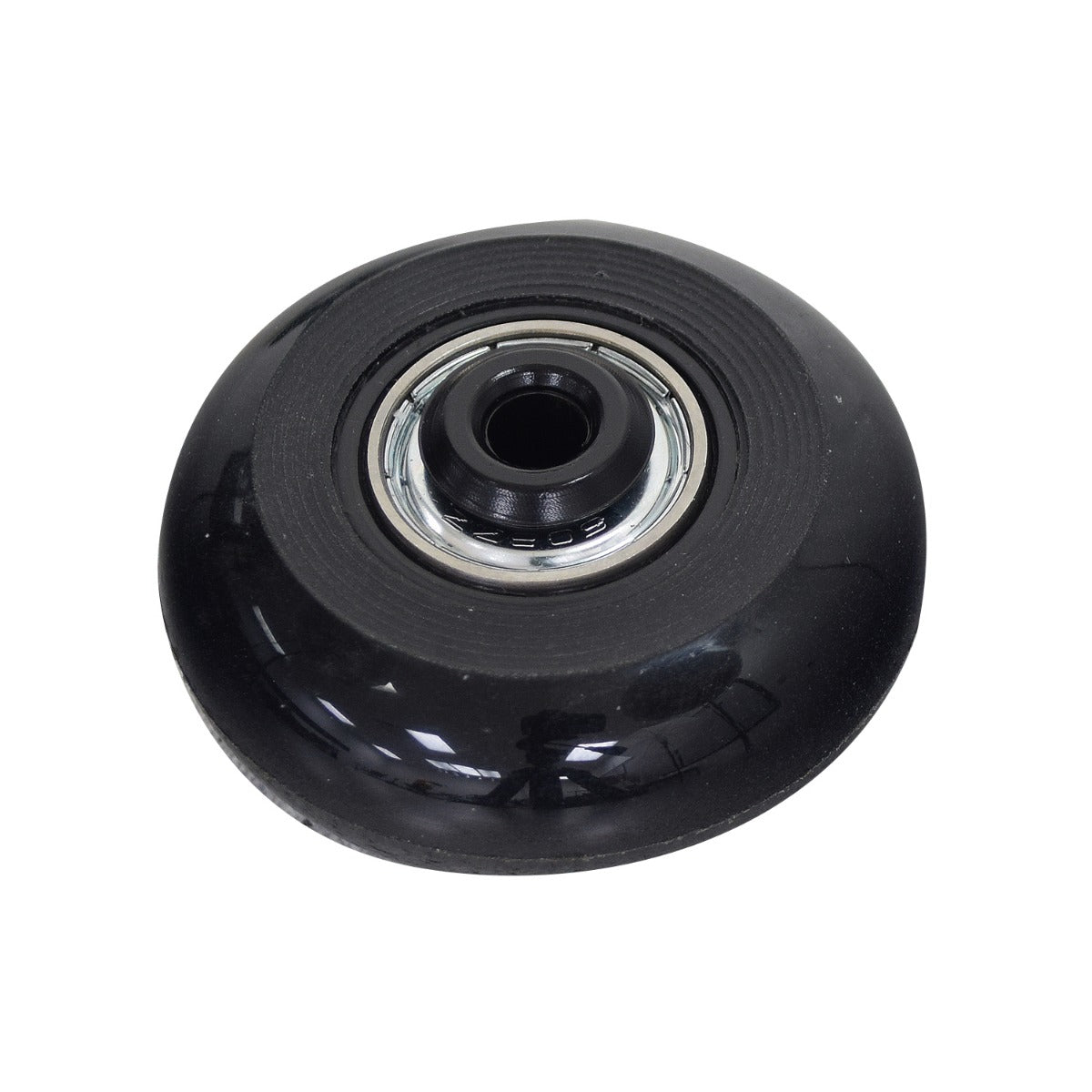 50 mm Wheels for the Razor Turbo Jetts Electric Heel Wheels (Set of 4) - close-up of black urethane wheels with silver rims and sealed bearings.