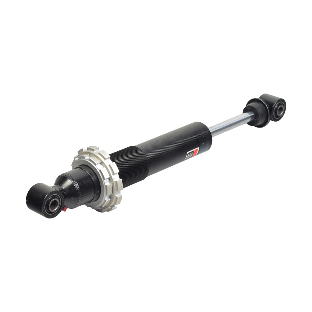 Front Shock for Polaris Indy RMK and Widetrak Snowmobiles (1997-2010) shown in black and silver, designed to reduce impact and improve handling.