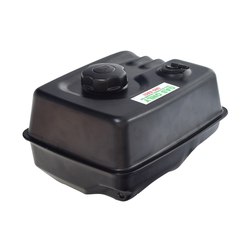 1.45 Gallon Fuel Tank for the Predator 301cc 8 HP Engine features a black plastic body with a knob, cap, strainer, and a white sticker with green and red text.