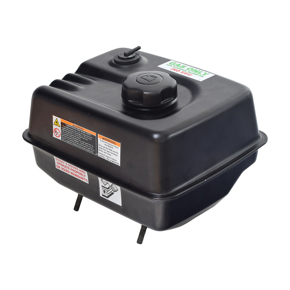 1.45 Gallon Fuel Tank for the Predator 301cc 8 HP Engine, featuring a black plastic body with a cap and label. Designed for utility engines, complete with cap and strainer.