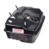 1.45 Gallon Fuel Tank for the Predator 301cc 8 HP Engine, featuring a black metal container with a white label, complete with cap and strainer. Suitable for various go-karts and utility engines.