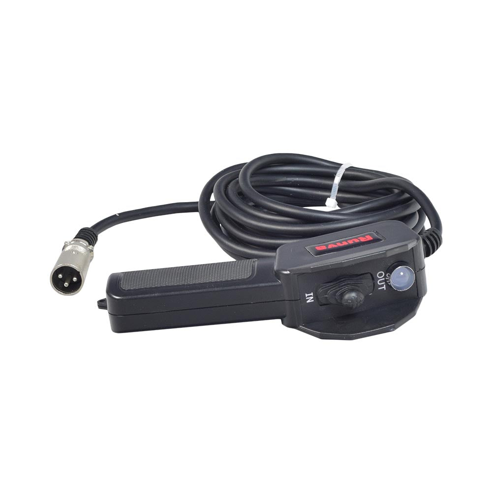 Runva Winch Hand Control Remote for Hisun ATVs & UTVs, featuring a 12-foot cord, 3-pin male connector, and lighted In/Out switch for easy operation.