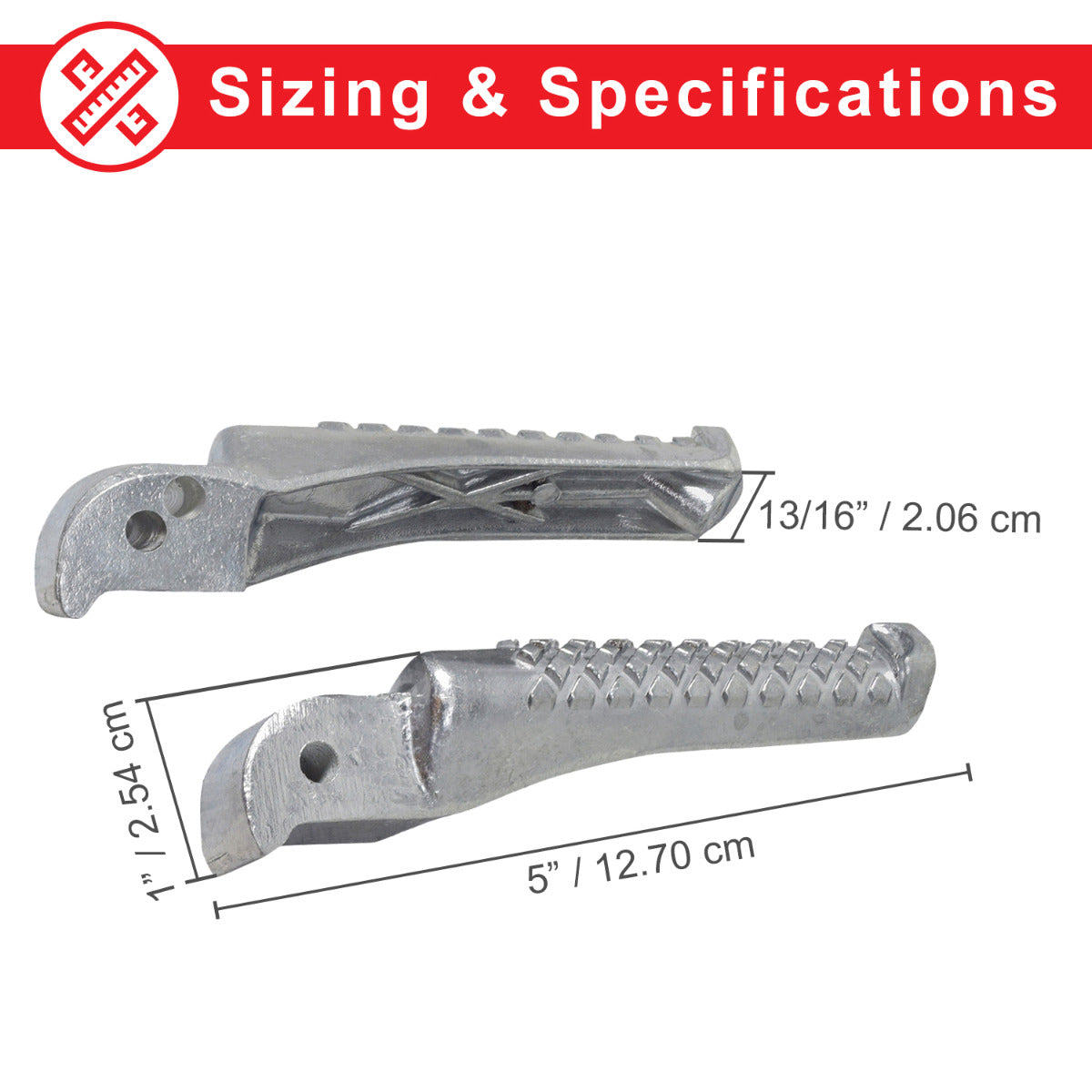 Foot Pegs for the Coleman BT200X, CT200U Trail, & CT200U-EX Mini Bikes (Set of 2), showing a metal foot rest with measurements and close-ups of the foot pegs' detailed structure.