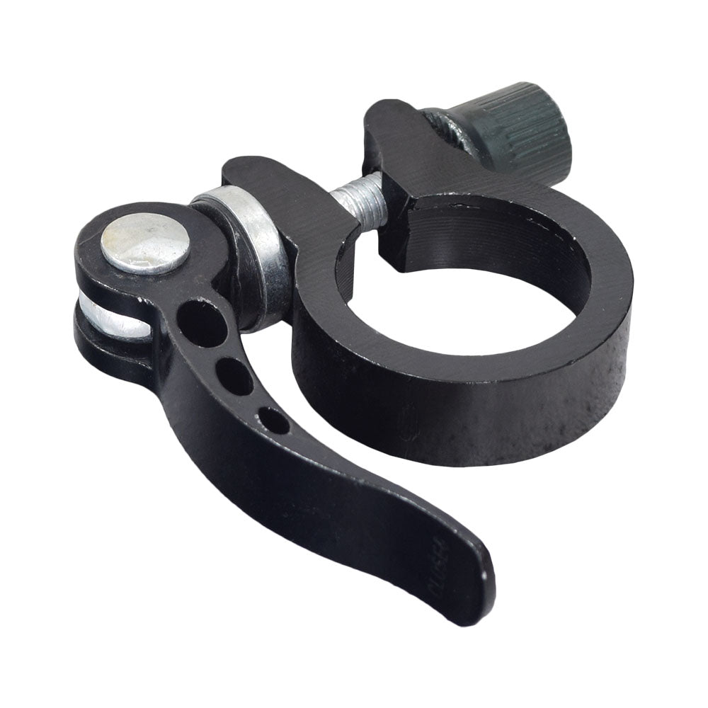 Universal Scooter Handlebar and Seat Post Clamp, black metal with a visible screw, designed for 28.6 mm posts. Ideal for replacing worn-out clamps, ensuring adjustable seat and handlebar heights on kids' scooters.