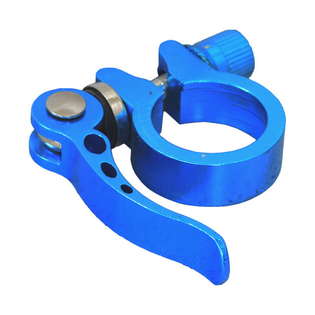 Universal Scooter Handlebar and Seat Post Clamp: A sturdy blue metal clamp with a screw, designed for secure attachment to 28.6 mm scooter posts, ensuring adjustable height for handlebars and seats.