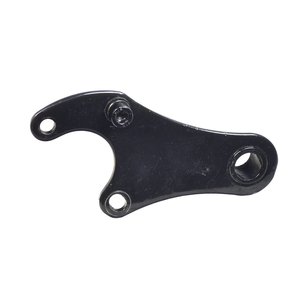 Brake Caliper Mounting Bracket for the Monster Moto / Mega Moto Classic 1000w Mini Bike, a black metal object with screws and holes, designed to hold the caliper securely to the rear frame.