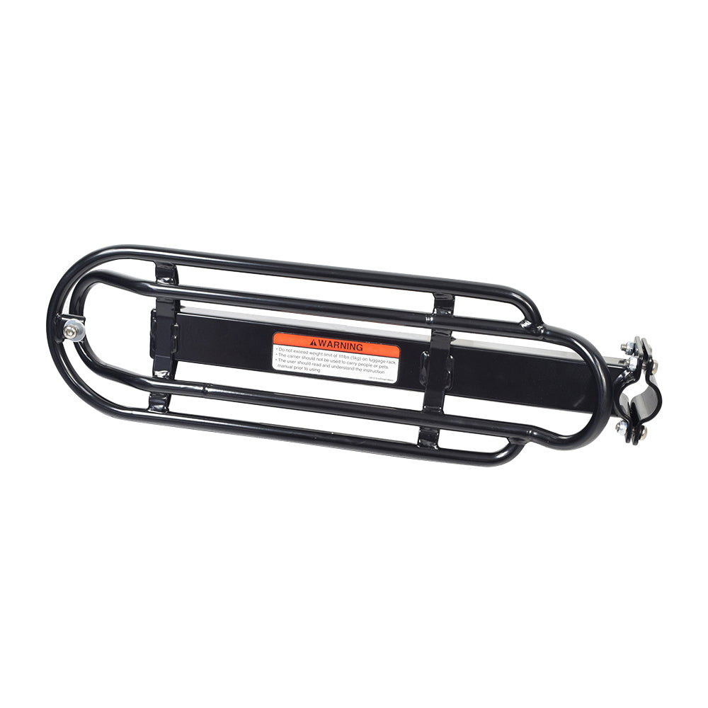 Luggage Rack (Basket Version) with Hardware for Razor EcoSmart Metro (V2+), featuring a black metal frame with a visible warning label. Basket not included.