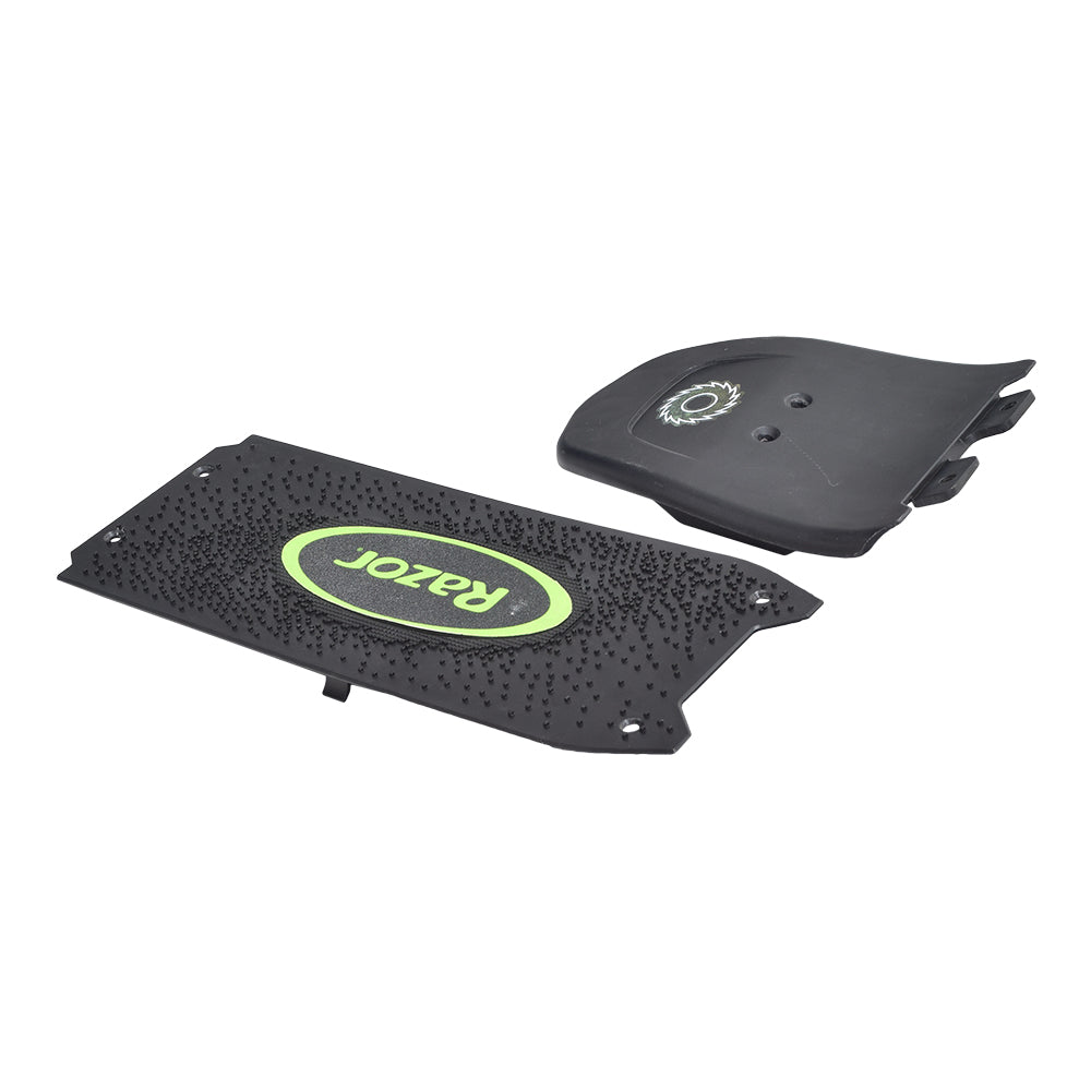 Green Deck Plate for the Razor Power Core E90 (Version 1), featuring a black rectangular design with a textured surface and a prominent green Razor logo for enhanced grip.