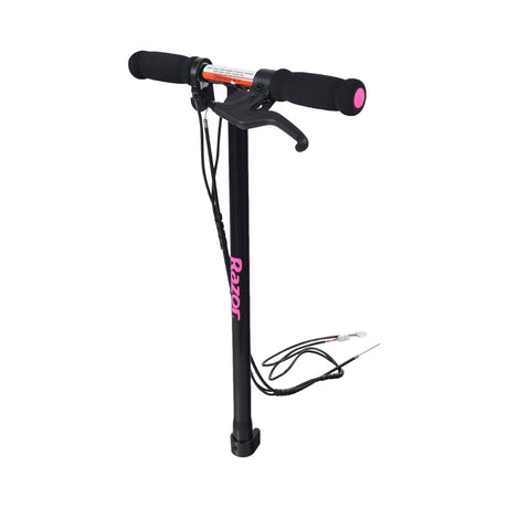 Black & Pink Handlebar Assembly for the Razor Power Core E90 (V2+), featuring pink handlebar grips, electric throttle, brake lever, and the Razor logo on the front. Complete unit with clamp included.