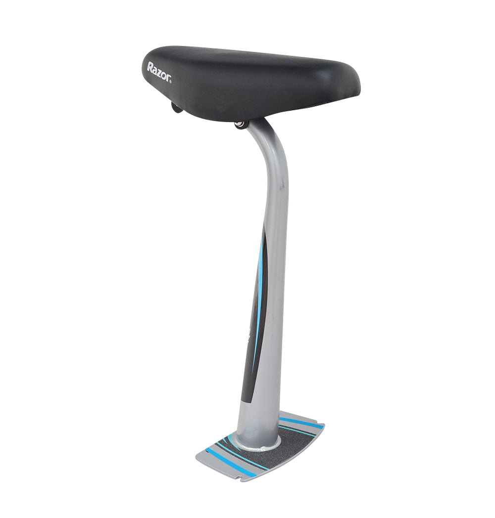 Seat with Post for the Razor E200S (V38+), featuring a black upholstered seat and a teal and silver metal post designed for easy attachment and removal.