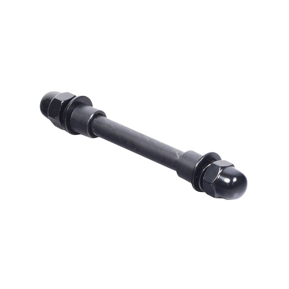 Front Wheel Axle Bolt for the Razor Power Core E100, showing a black metal rod with a nut, nozzles, and additional hardware components including spacers, washers, and acorn nuts.