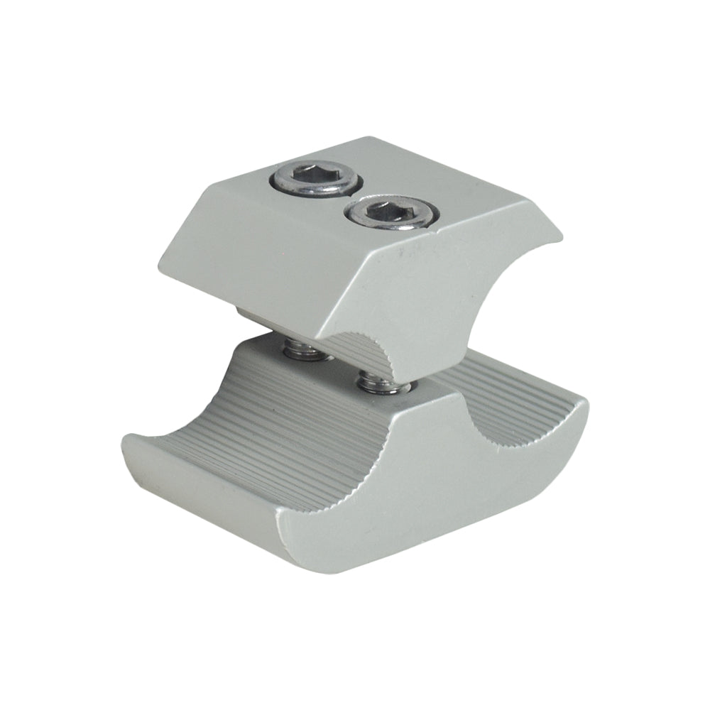 Gray Aluminum Wheel Lock with 1 Rear Clamp for 7/8 Tube Wheelchairs, featuring a silver metal object with two screws, designed to fit the common tubular wheelchair frame.