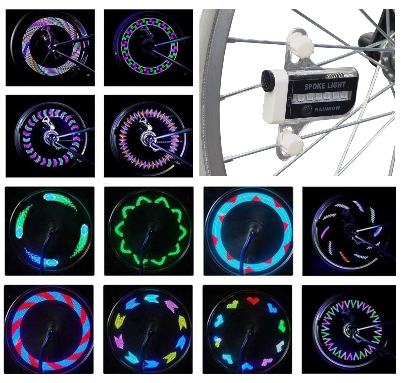 14 LED Rainbow Spoke Light showcasing vibrant, whirling light patterns on bike wheel spokes, enhancing night riding safety with bright, motion-activated LEDs and an easy-to-use On/Off button.