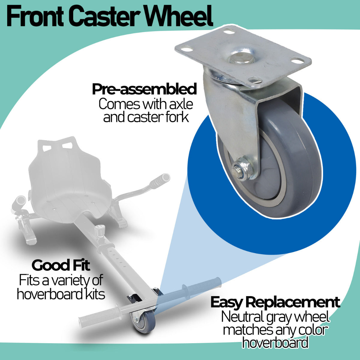 Front Caster for the Hoverboard Go-Kart Kit, featuring a metal wheel with a gray tire, complete with caster fork and axle, suitable for any hoverboard go-kart frame.