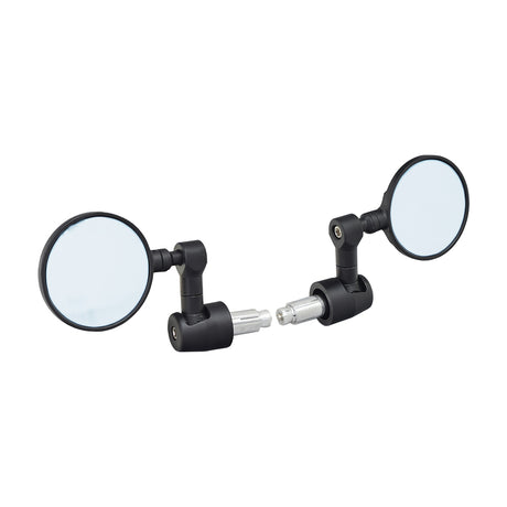 Bar End Rear View Mirror for Bikes & Scooters (Set of 2) showing a sleek black design, including mounting plugs and screws for handlebars with internal diameters of 3/4 to 15/16.