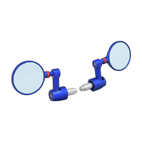 Bar End Rear View Mirror for Bikes & Scooters (Set of 2) featuring a blue metal rod with a circular mirror, designed to fit standard handlebars and enhance safety.