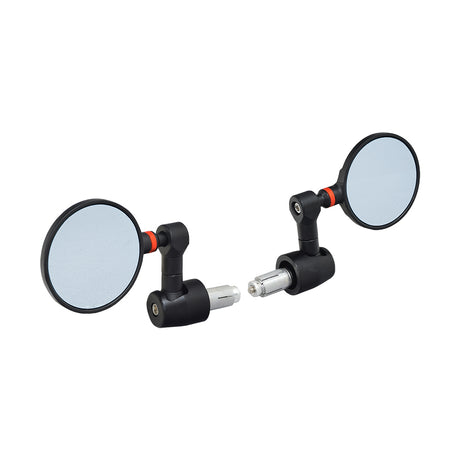 Bar End Rear View Mirror for Bikes & Scooters (Set of 2) featuring a round mirror with a black frame and a solid colored rod, designed for easy mounting on standard handlebars.