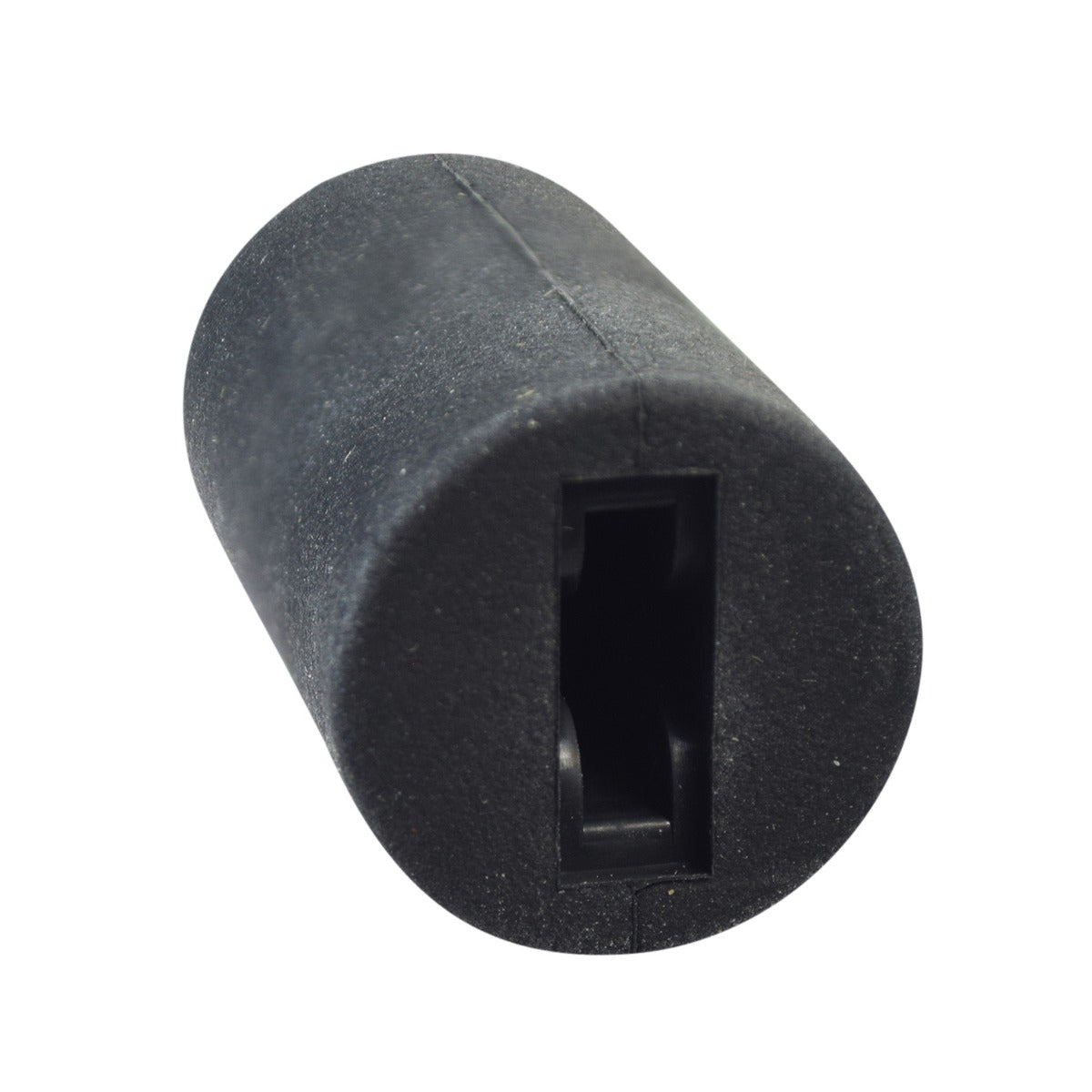 Black Rubber Tips for 1/2 Flat Invacare Style Wheelchair Wheel Locks (Set of 2) showing cylindrical shape with a central hole, designed for easy gripping and locking of wheelchair wheels.