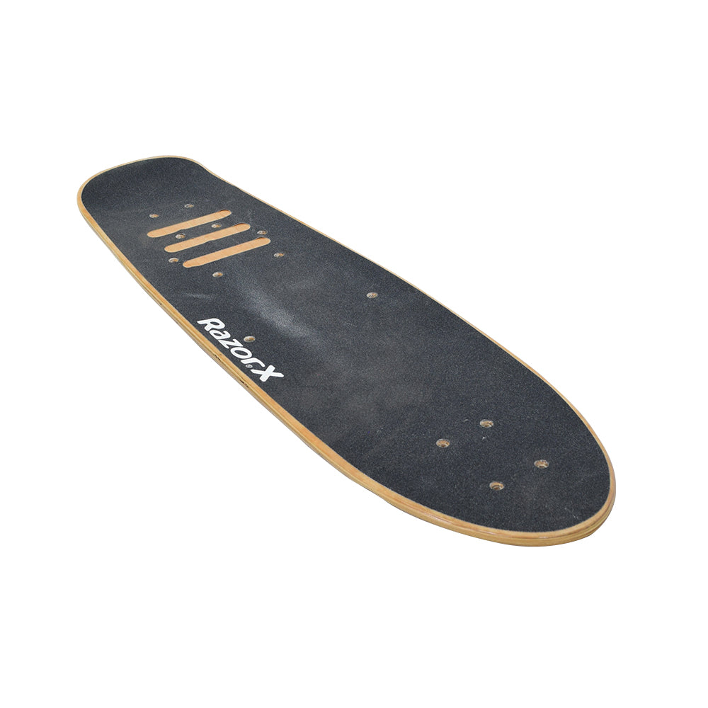 Deck for the RazorX Cruiser Electric Skateboard, a black laminated wood deck with white text, featuring a sandpaper-like non-skid surface and pre-drilled holes for wheel trucks and battery pan.