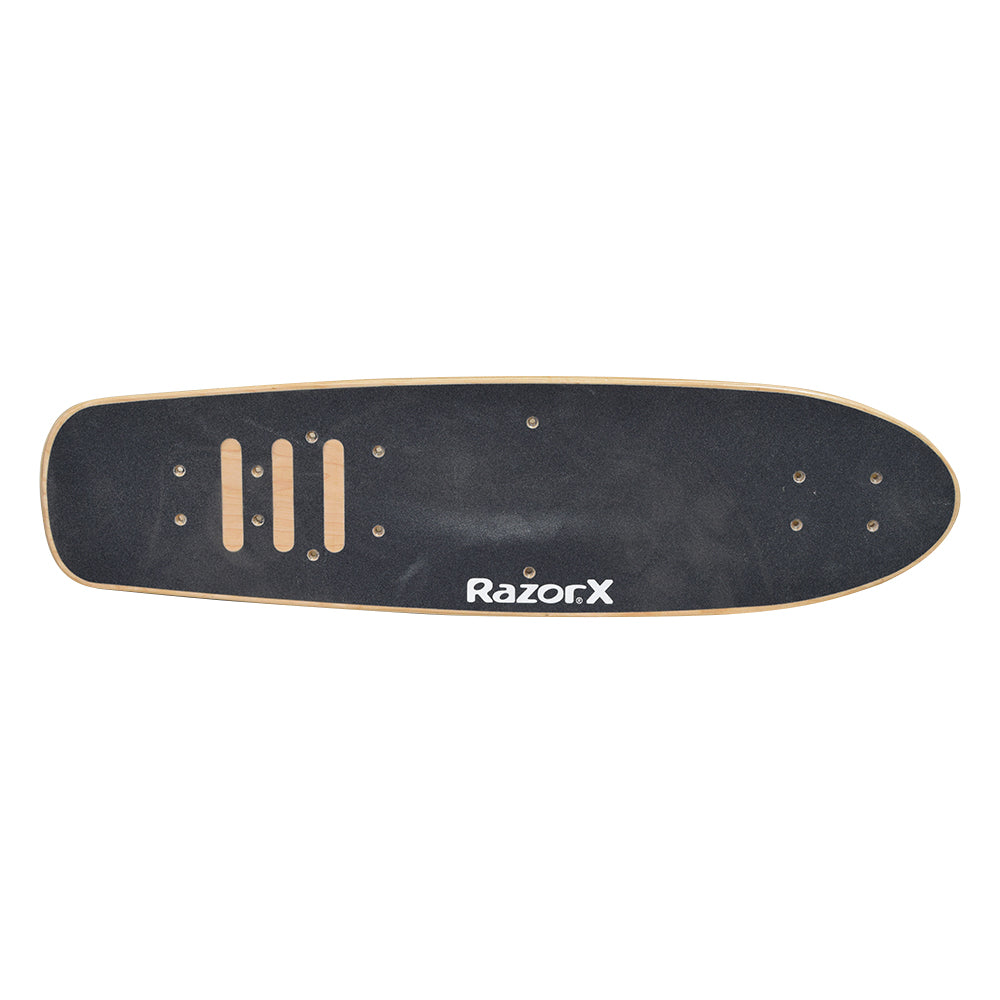 Deck for the RazorX Cruiser Electric Skateboard, featuring a black laminated wood deck with white text, sandpaper-like non-skid surface, and pre-drilled holes for wheel trucks and battery pan installation.