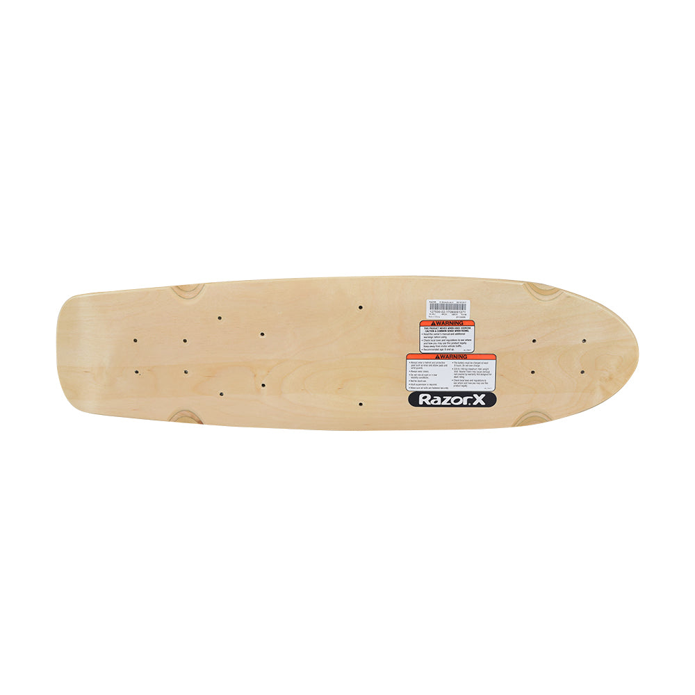 Deck for the RazorX Cruiser Electric Skateboard: Laminated wood skateboard deck with pre-drilled holes and sandpaper-like non-skid surface, featuring a sticker and a warning label.