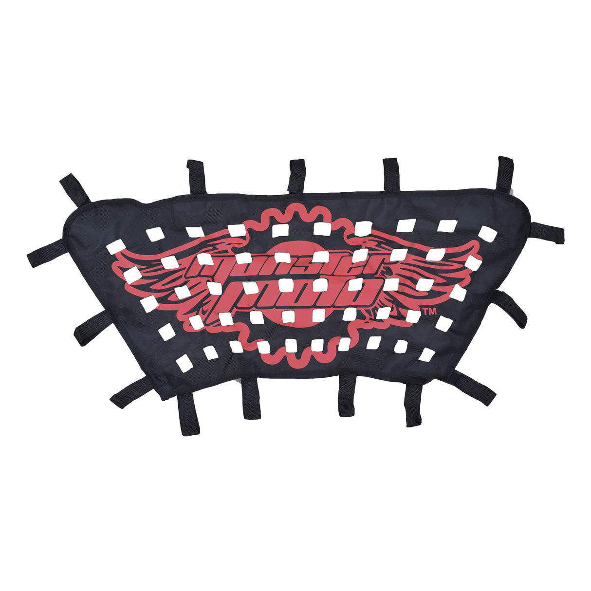 Front Fabric Net for the Monster Moto / Mega Moto MM-K80 80cc Go-Kart, featuring a black and red net design with white squares, attaches via velcro straps for lightweight, effective protection.