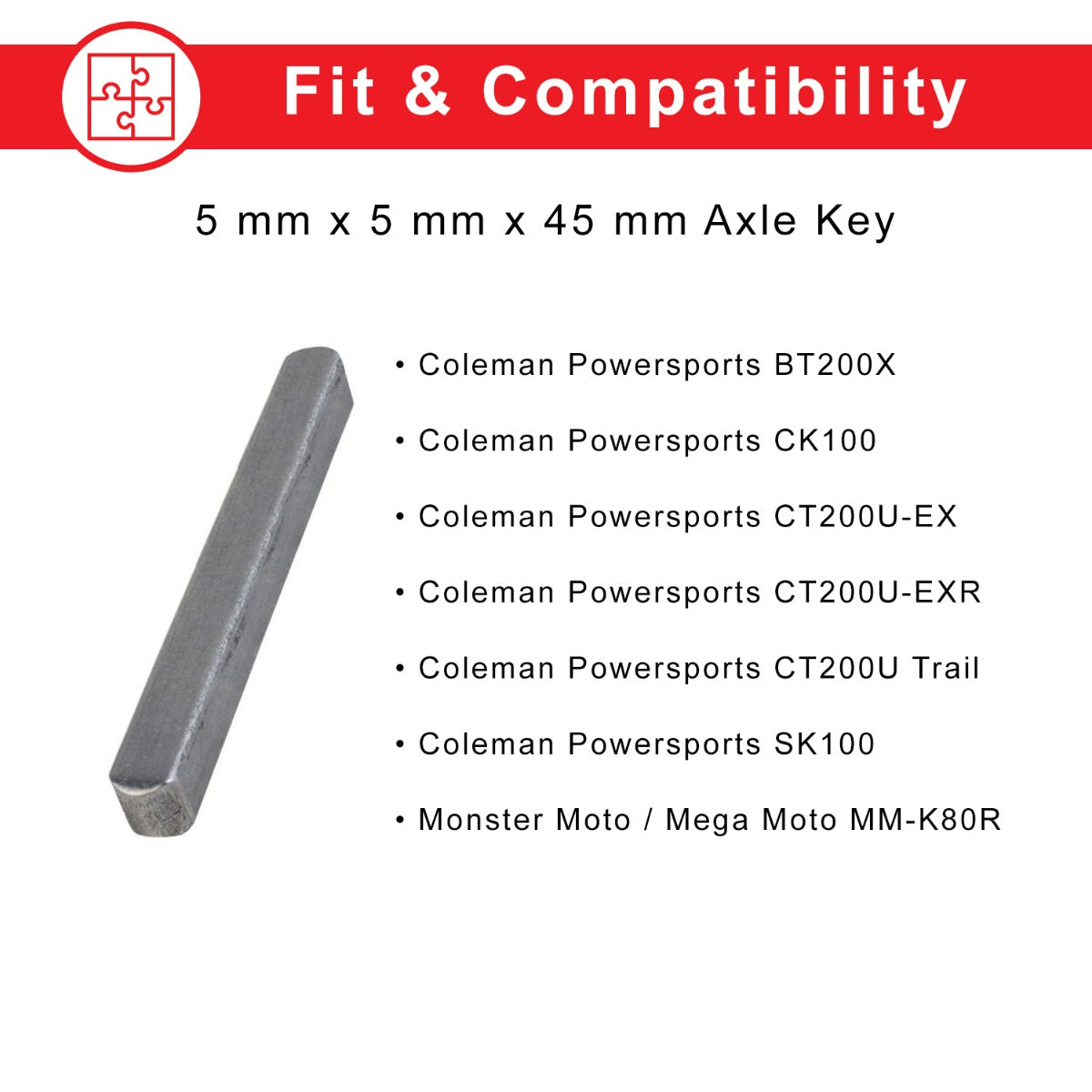 Close-up of the 5 mm x 5 mm x 45 mm Axle Key for Coleman CK100, SK100, & Mega Moto MM-K80R Go-Karts, showing its metal bar design used to secure drive wheels.