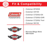 5 mm x 5 mm x 45 mm Axle Key for Coleman CK100, SK100, and Mega Moto MM-K80R Go-Karts, shown among various logos and text highlighting its use in securing drive wheels to axle shafts.