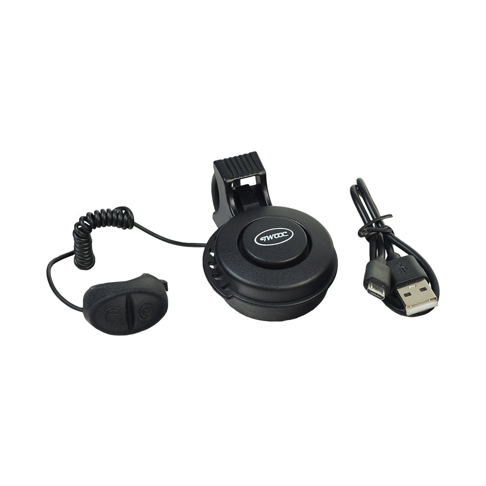 120 dB Electric Bicycle Horn featuring a black plastic body with a coiled USB cable for charging, a clip for mounting, and a button for selecting whistle, hoot, or alarm modes.