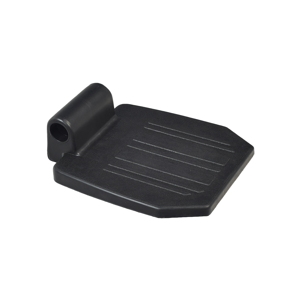 Universal Black Plastic Footplate for Wheelchairs with 7/8 Tubing, showing a sturdy black plastic design with a 7 wide by 6 deep surface and a curved handle for easy attachment.